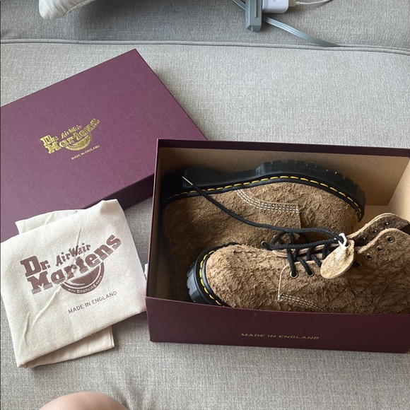 Dr. Martens Shoes - Dr. Martens Brown Fuzzy 1460 Lace-Up Boots with Yellow Stitching